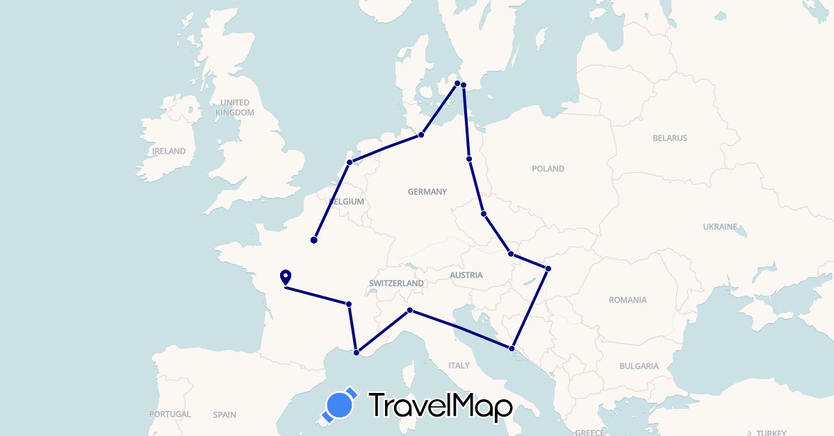 TravelMap itinerary: driving in Austria, Czech Republic, Germany, Denmark, France, Croatia, Hungary, Italy, Netherlands, Sweden (Europe)
