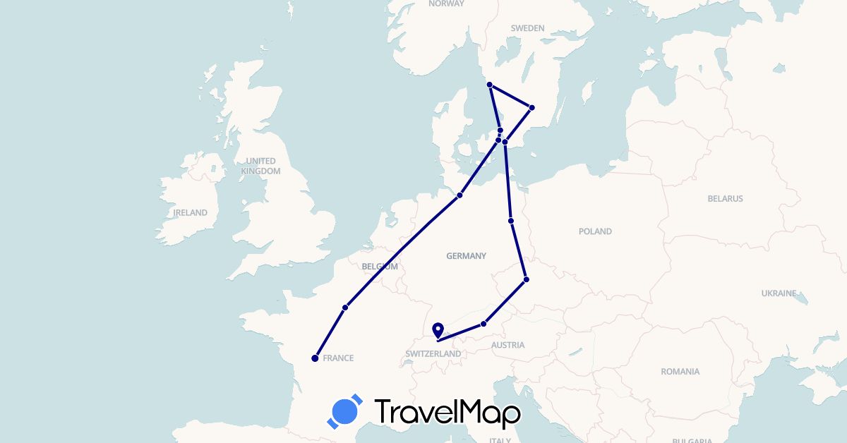 TravelMap itinerary: driving in Switzerland, Czech Republic, Germany, Denmark, France, Sweden (Europe)